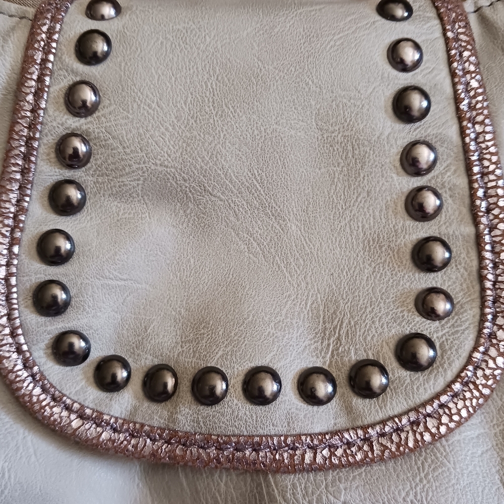 Dove Grey Purse with Rose Color accents and stud detail closure, 17 x 11 1/2